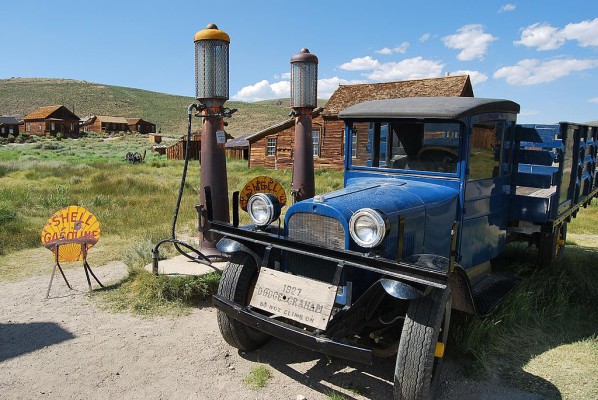 Bodie had its own gasoline stop. A Dodge Graham sits next to the old gas pumps. Note the bullet holes on the old "Shell" signs.