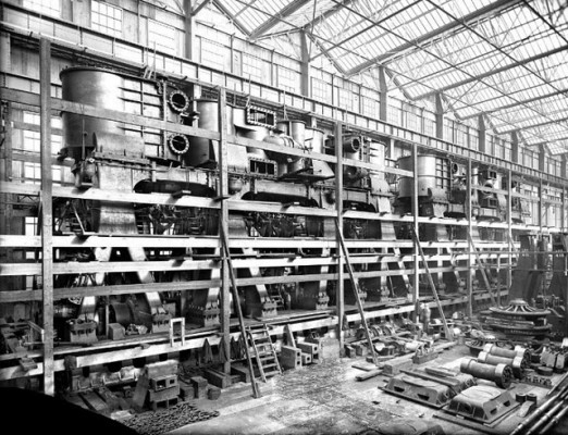 Side view of both of Titanic's reciprocating steam engines in Harland & Wolff's Engine Works, May 1911. source