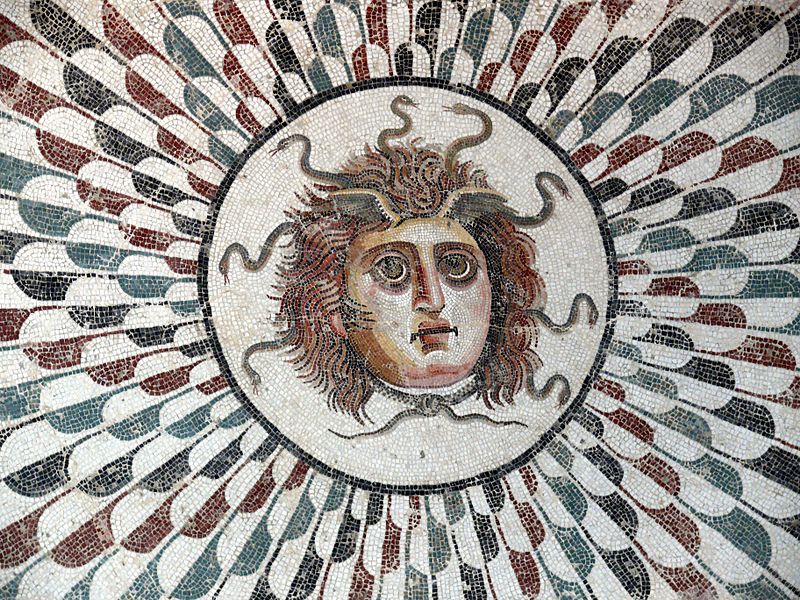 The Medusa's head central to a mosaic floor in a tepidarium of the Roman era. Museum of Sousse, Tunisia. source
