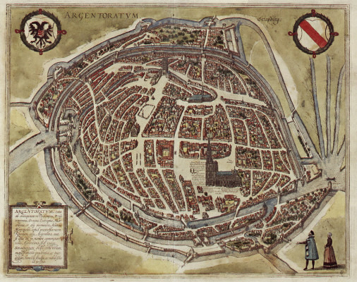 Half bird’s-eye view of Strasbourg by Franz Hogenberg, contained in Georg Braun and Hogenberg’s Civitates Orbis Terrarum published in 1572. source