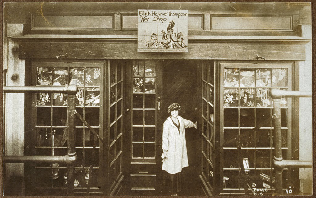 Edith Hayes Thompson standing in the doorway of Her Shop, ca. 1912-1926. Photo credit: Schlesinger Library on the History of Women in America