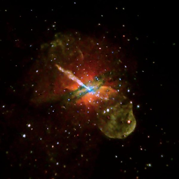 Opposing jets from supermassive black hole in galaxy Centaurus A by Chandra Space Telescope.