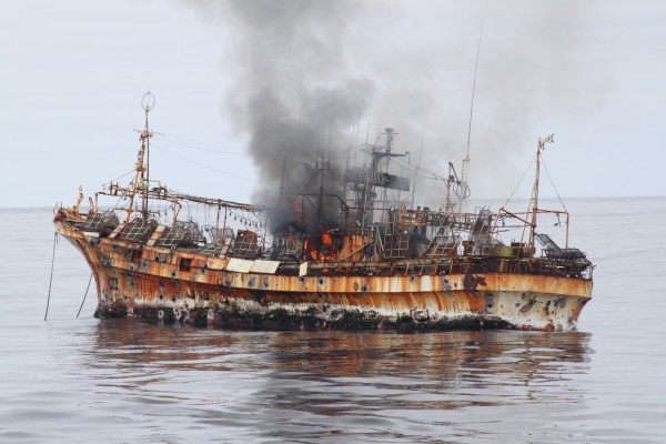 The Japanese fishing vessel, Ryou-Un Maru, shows significant signs of damage after the Coast Guard Cutter Anacapa fired explosive ammunition. source