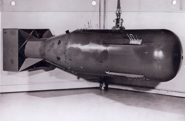A nuclear weapon of the "Little Boy" type, the uranium gun-type detonated over Hiroshima. It is 28 inches in diameter and 120 inches long. "Little Boy" weighed about 9,000 pounds and had a yield approximating 15,000 tons of high explosives. (Copy from U.S. National Archives, RG 77-AEC). source
