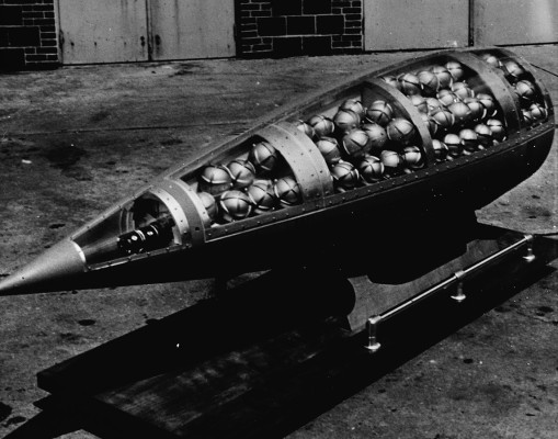 U.S. Honest John missile warhead cutaway, showing M134 sarin bomblets (c. 1960). source