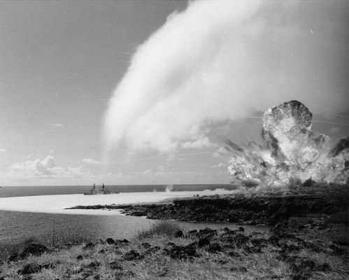 Detonation of the 500-ton TNT explosive charge as part of Operation Sailor Hat in 1965. The white blast-wave is visible on the water surface and a shock condensation cloud is visible overhead. source