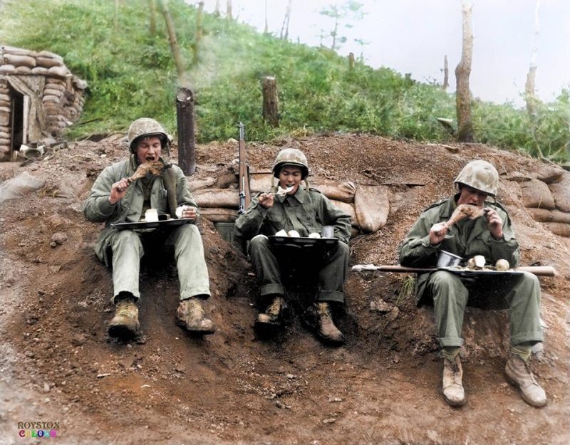 Marines during the Korean War celebrate Thanksgiving. For many of the frontline troops, turkeys and all the traditional fixings were flown in by helicopters.  (Official Marine Corps Photo) (Colourised by Royston Leonard from the UK) https://www.facebook.com/pages/Colourized-pictures-of-the-world-wars-and-other-periods-in-time/182158581977012