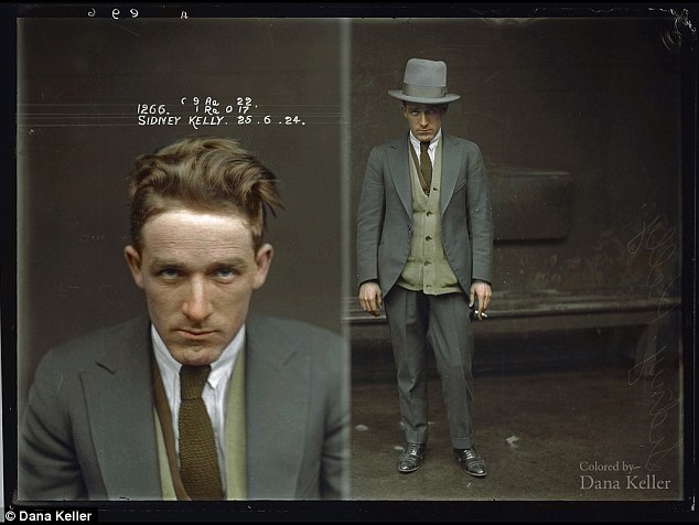 Sidney Patrick Kelly, pictured following one of his many arrests at Central Police Station on June 25, 1924, in a black and white photograph colourised by US artists Dana Keller, was a notorious Australian gangster who ran with the infamous 'razor gangs' in Melbourne, moving to Sydney where he became staggeringly wealthy on illegal gambling dens and was found dead at 48 in his palatial Sydney mansion 