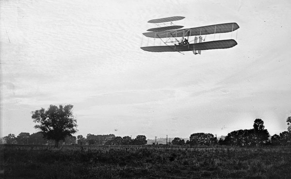 Front view of flight 41, Orville flying to the left at a height of about 60 feet; Huffman Prairie, Dayton, Ohio, September 29, 1905.