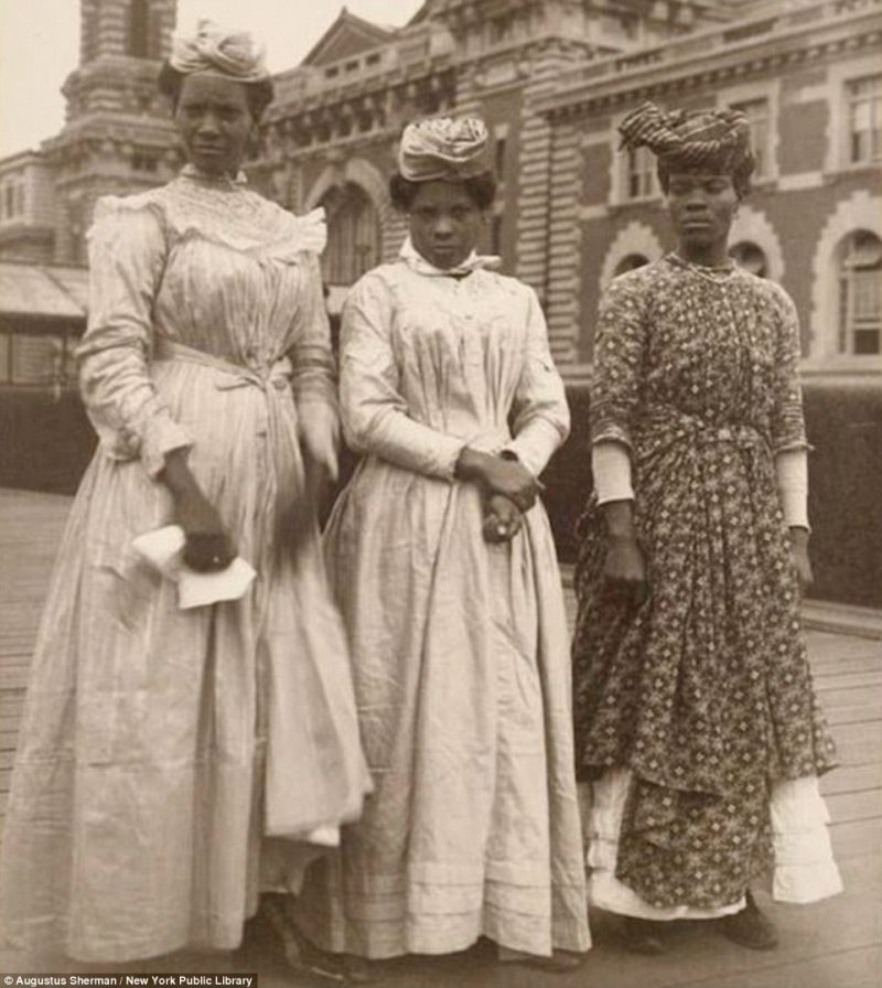 Three women are pictured from Guadeloupe, a French overseas territory in the southern Caribbean Sea, arrived at Ellis Island on their way to America 