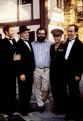 Coppola, center, with cast members James Caan, Brando, Al Pacino, and John Cazale