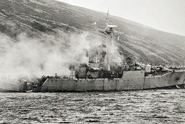 HMS Plymouth damaged during the Falklands War