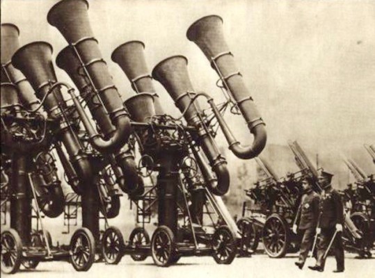 Gigantic trumpet-like Japanese electric ears for detecting enemy planes (also known as War Tuba) 1936