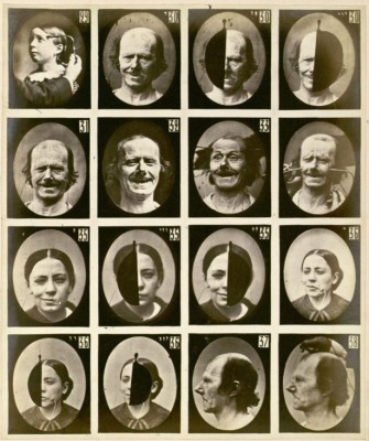 G.-B. Duchanne de Boulogne, Synoptic plate 4 from Le Mécanisme de la Physionomie Humaine. 1862, albumen print. In the upper row and the lower two rows, patients with different expressions on either side of their faces