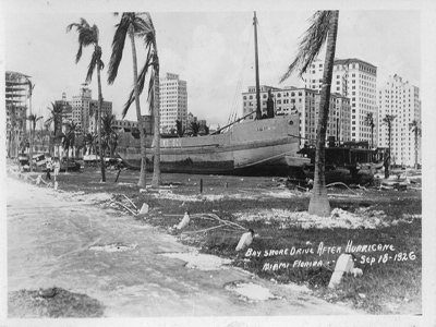 A boat washed ashore during the Great Miami Hurricane. This particular boat is sitting on on Bay Shore drive, and the image was taken on September 18, 1926. Source NOAA