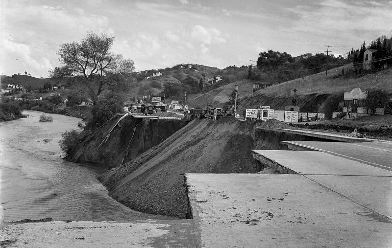 March 7, 1938 Los Angeles city engineering crews fill in a 300-yard section of Ventura Boulevard near Laurel Canyon Drive that was gouged out by the swollen Los Angeles River on March 1.