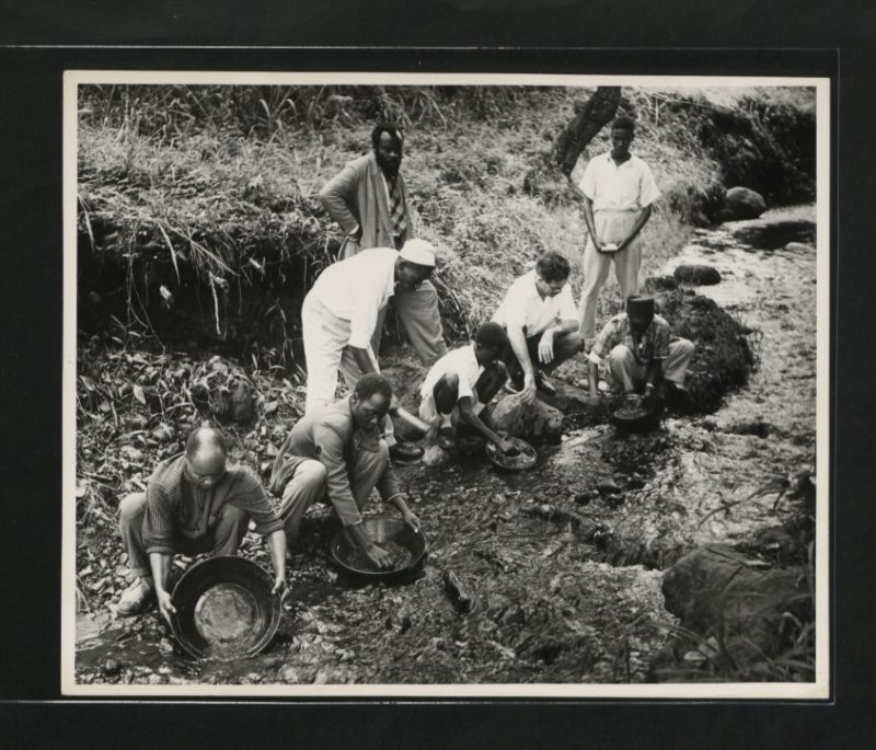 Panning - the classic method of prospecting for gold and tin is shown to would-be prospectors attending 'School for Miners', East Africa's first training for prospectors, at Morogoro, Eastern Province.