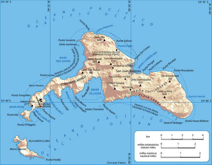 Map of the Juan Fernández Islands, where Selkirk lived as a castaway