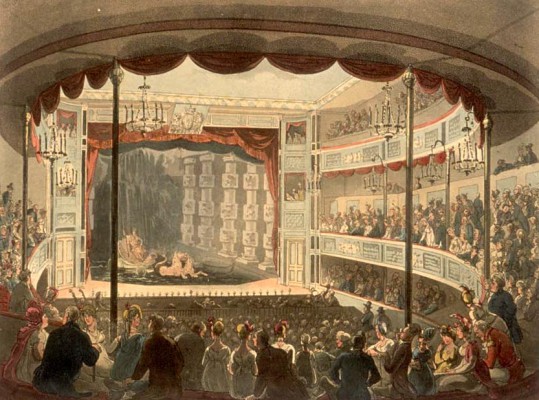 Sadler’s Wells Theatre in the early 19th century, at a time when ventriloquist acts were becoming increasingly popular.