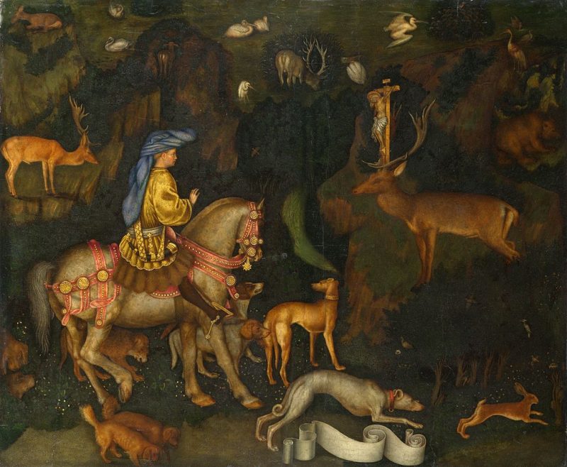 The Vision of Saint Eustace, Pisanello, 1438–1442. Rider wearing high heels.