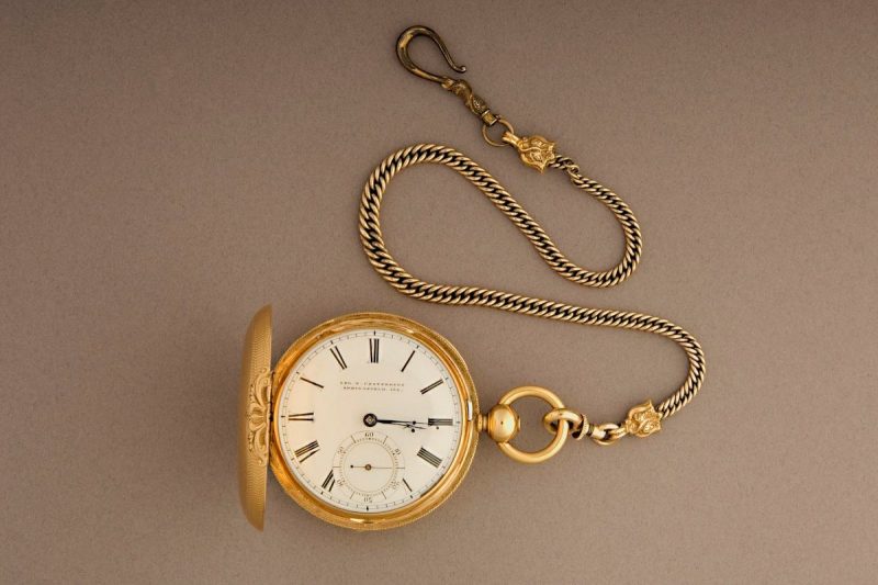The open case, face and chain of Abraham Lincoln's pocket watch