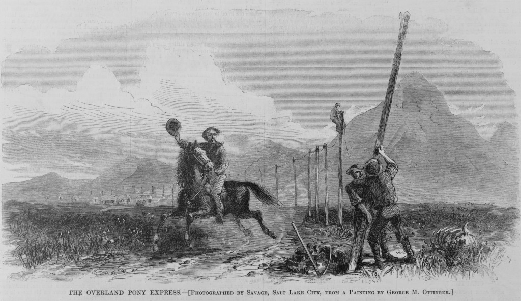 In this 1861-dated artist’s rendering, a pony express rider greets Western Union linemen as they string wires of the first transcontinental telegraph.