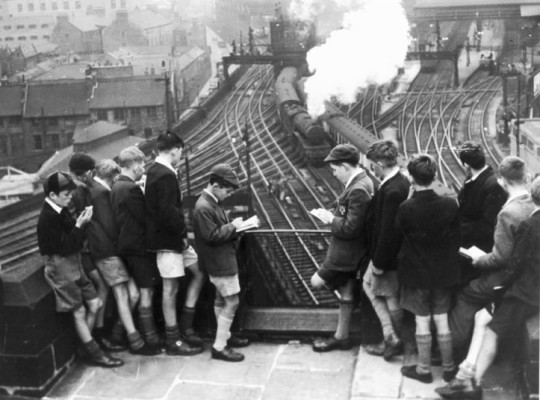 Schoolboy train-spotters at Newcastle station in 1950