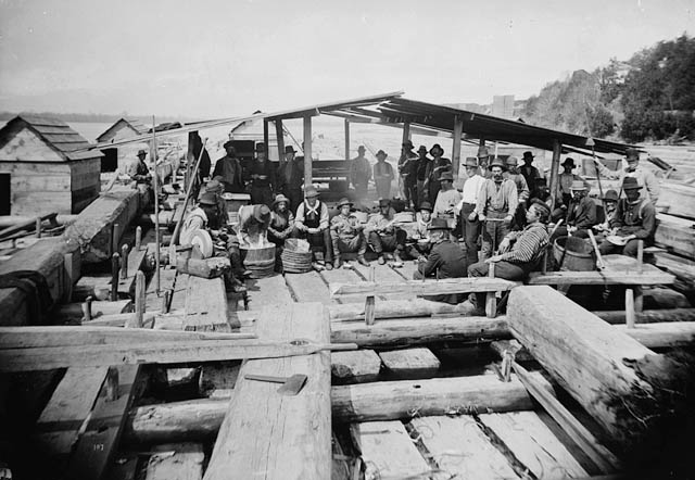 Cookery on J.R. Booth's raft, circa 1880. The raftsmen cooked, ate and slept on these rafts as they floated down the river.