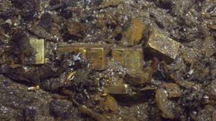 Several gold bars with varying weights discovered at the stern of the SS Central America shipwreck. Picture: Odyssey Marine Exploration