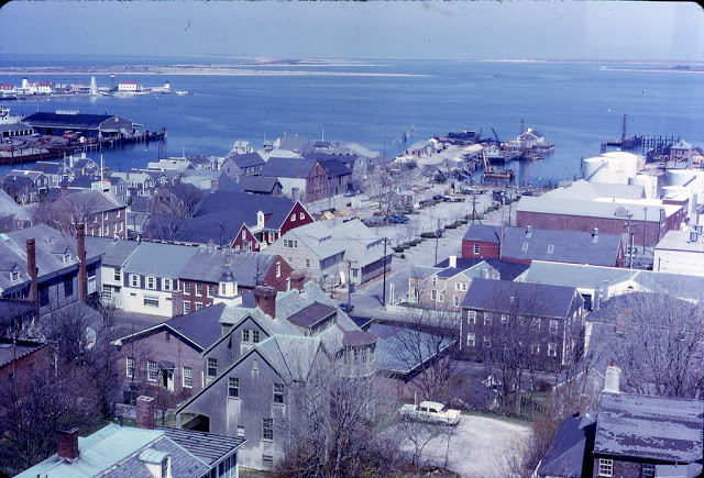 View from the tower of the Unitarian Church town clock, showing Brant Point and Straight Wharf
