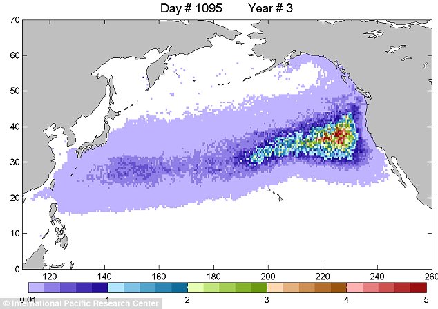 The debris field will have reached the U.S. West Coast and will then turn toward Hawaii and back again toward Asia, circulating in what is known as the North Pacific gyre 