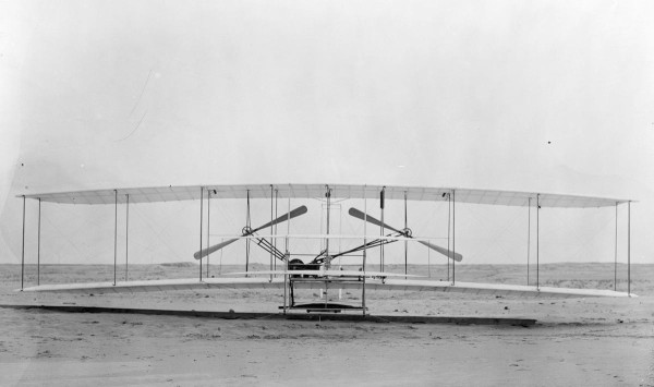 The Wright Flyer I, built in 1903, front view. This machine was the Wright brothers’ first powered aircraft. The airplane sported two 8 foot wooden propellers driven by a purpose-built 12 horsepower engine.