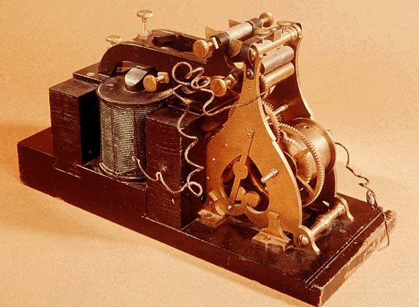 The Morse-Vail telegraph register, the first telegraph instrument which was used to receive the message 'What Hath God Wrought' on the experimental line between Washington DC and Baltimore 