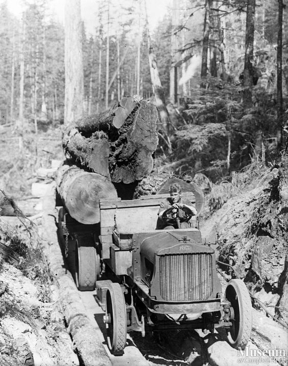 A loaded White logging truck Early truck logging using a White truck on a wooden fore-an-aft road at Beaver Creek, Loughborough Inlet, BC. source