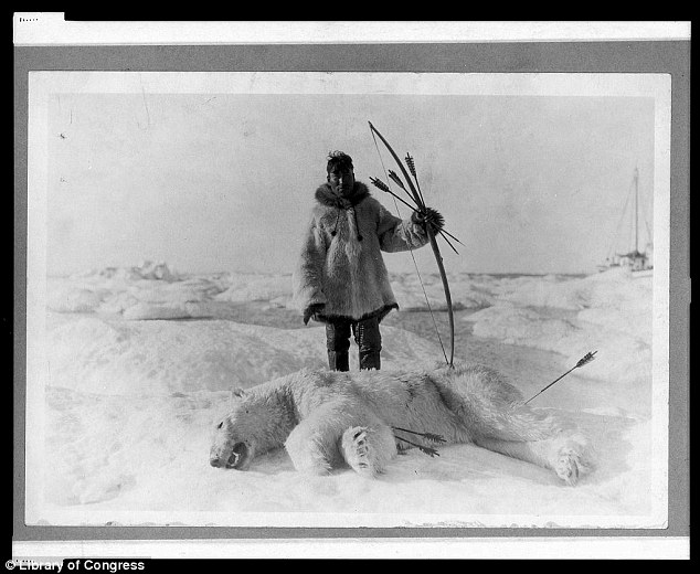 An Eskimo hunter poses with bow and arrows above a slain polar bear seen in 1924 with arrows protruding from its chest
