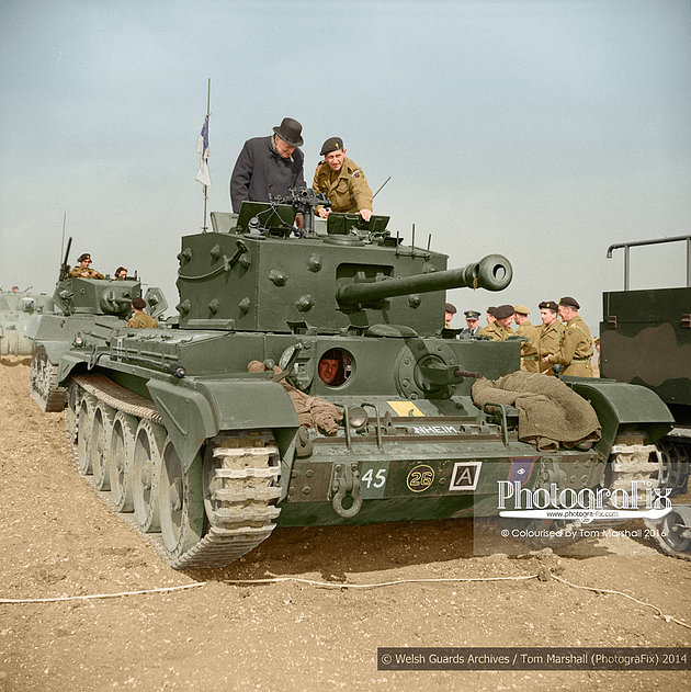 Churchill inspects a Cromwell tank in March 1944 as the 2nd Battalion Welsh Guards prepared for D-Day.