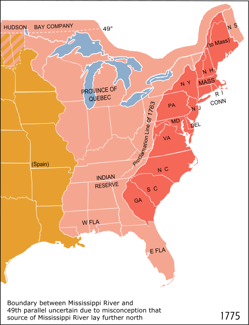 Eastern North America in 1775. The British Province of Quebec, the Thirteen Colonies on the Atlantic coast and the Indian Reserve as defined by the Royal Proclamation of 1763.