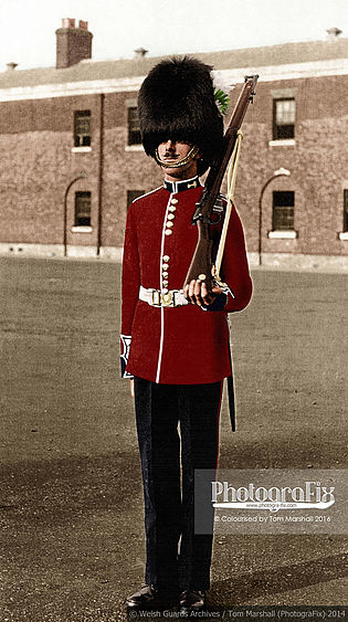 Guardsman Jones, Prince of Wales Company, turned out in review order, ready for inspection by HRH The Prince of Wales, Colonel, Welsh Guards, 1928.