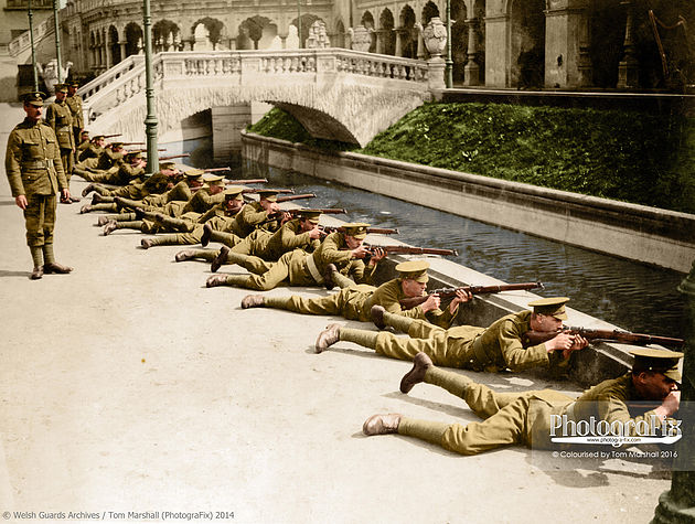 Position and hold must be firm enough to support the weapon.' Rifle training at White City, 1915.