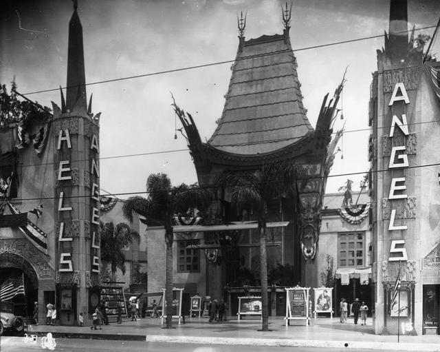 The film title 'Hells Angels' is displayed on the columns of Grauman's puts this photo at 1930