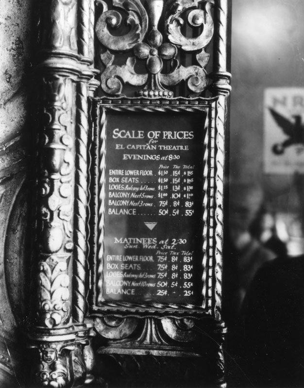 Ticket prices listed in the foyer of the El Capitan Theater in 1935
