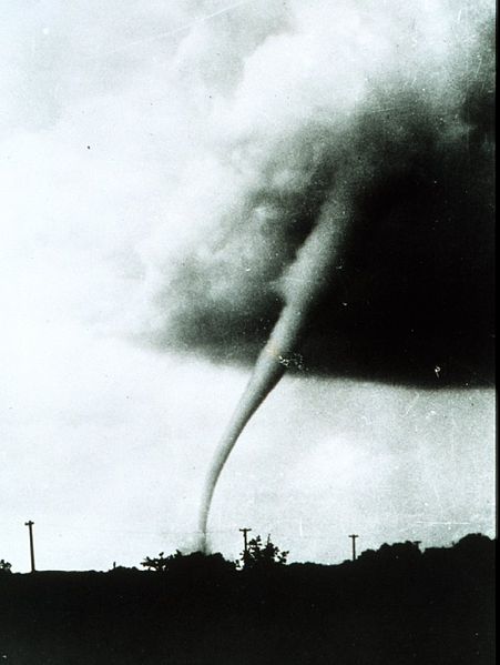 Tornado strikes Manhattan, Kansas on May 31, 1949. Photo by NOAA employee Public Domain.