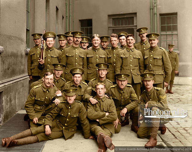 Welsh Guardsmen at Chelsea Barracks, shortly after receiving their new uniforms.