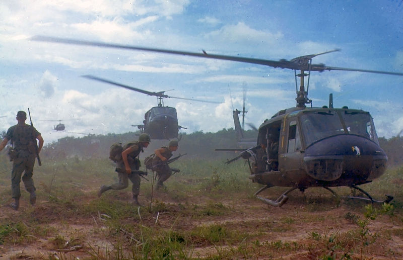 U.S. Army Bell UH-1D helicopters airlift members of the 2nd Battalion, 14th Infantry Regiment from the Filhol Rubber Plantation area to a new staging area, during Operation Wahiawa, a search and destroy mission conducted by the 25th Infantry Division, north.Wikimedia