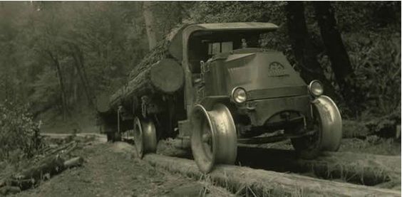 Mack truck with flange wheels on “fore and aft” pole road. source