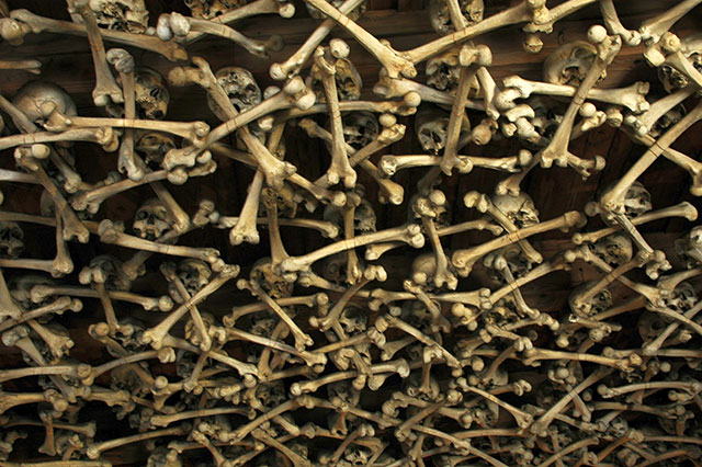 The skeletons were placed in the walls and ceilings of the chapel between 1776 and 1804. source
