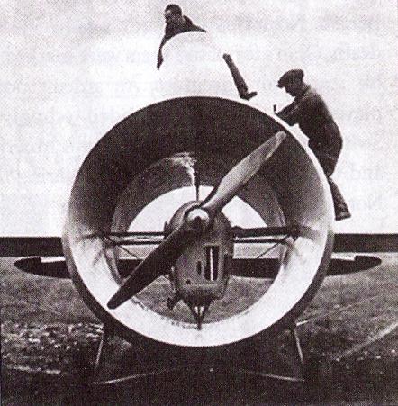 A front view of the Stipa-Caproni, showing Stipa’s “intubed propeller” design in which the propeller and engine are mounted inside a hollow tube which constitutes the airplane’s fuselage. The spats have been removed from the landing gear. source