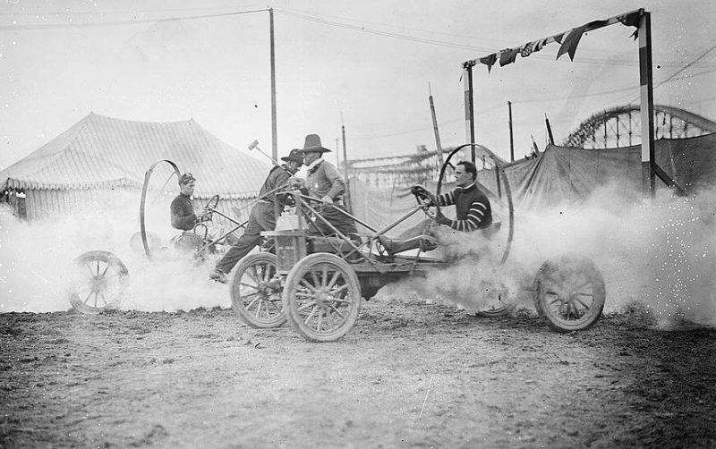 An auto polo match at Coney Island photographed by the Bain News Service. Cars had primitive metal hoops around the driver’s seat and radiator to protect the occupants in the event of a rollover. source