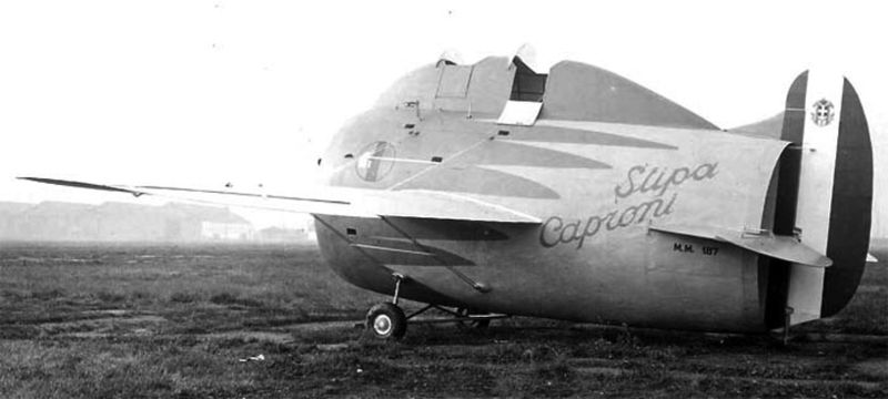 The Stipa-Caproni with its speed stripes added to the fuselage as decoration. source