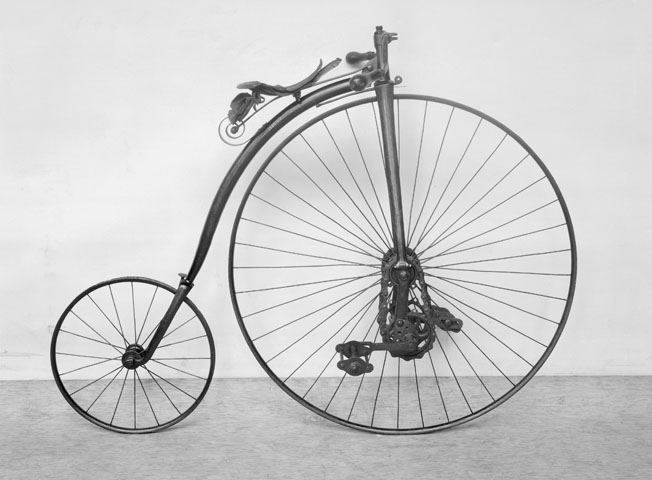 Kangaroo bicycle, c 1878. Patentee ECF Otto and J Wallis. The saddle was remade by Brooks 1961 and the tyres fitted by Firestone.